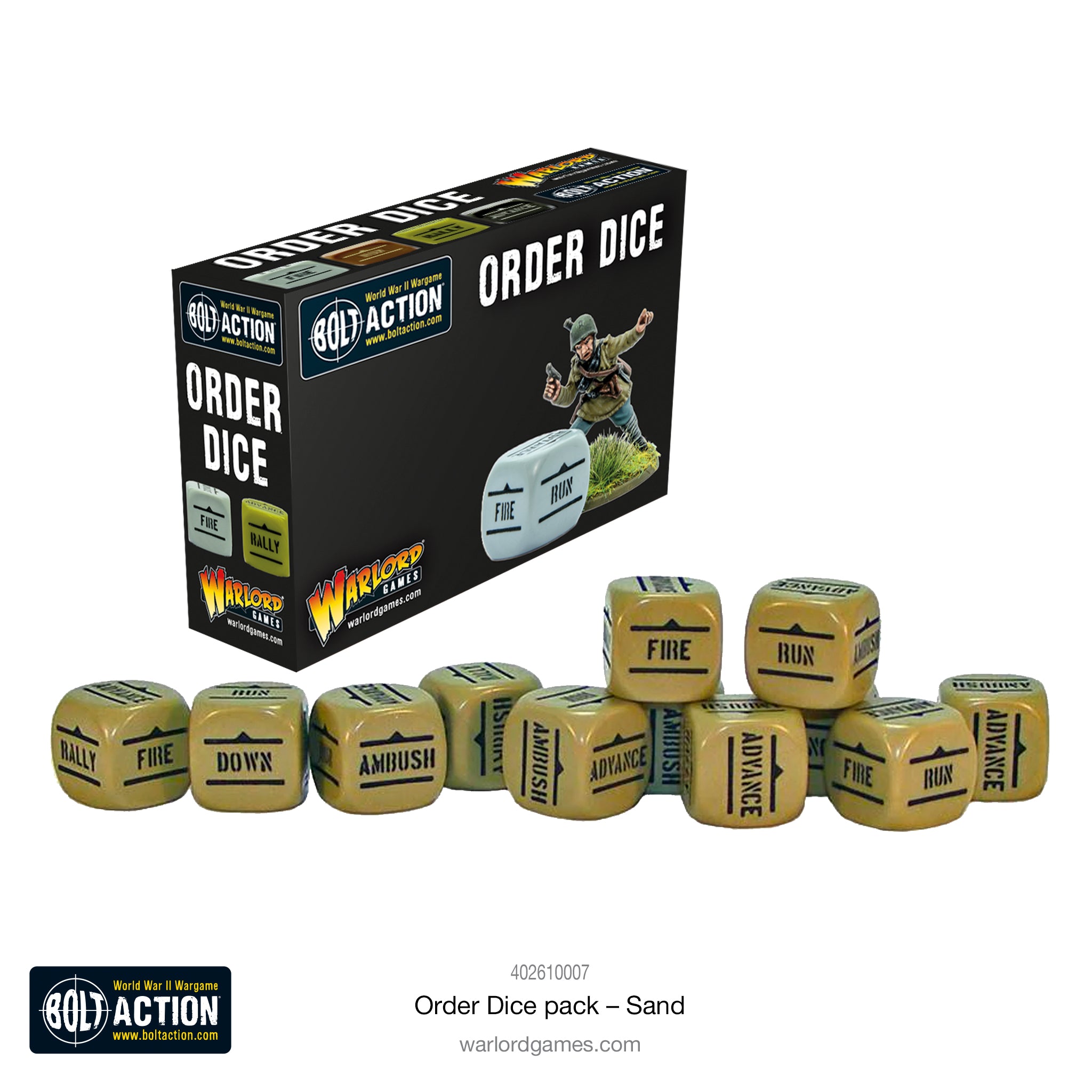 402610007-Bolt-Action-Order-Dice-pack-_-Sand1.jpg Dados de órdenes arena, 12 unidades – Bolt Action - Imagen 1