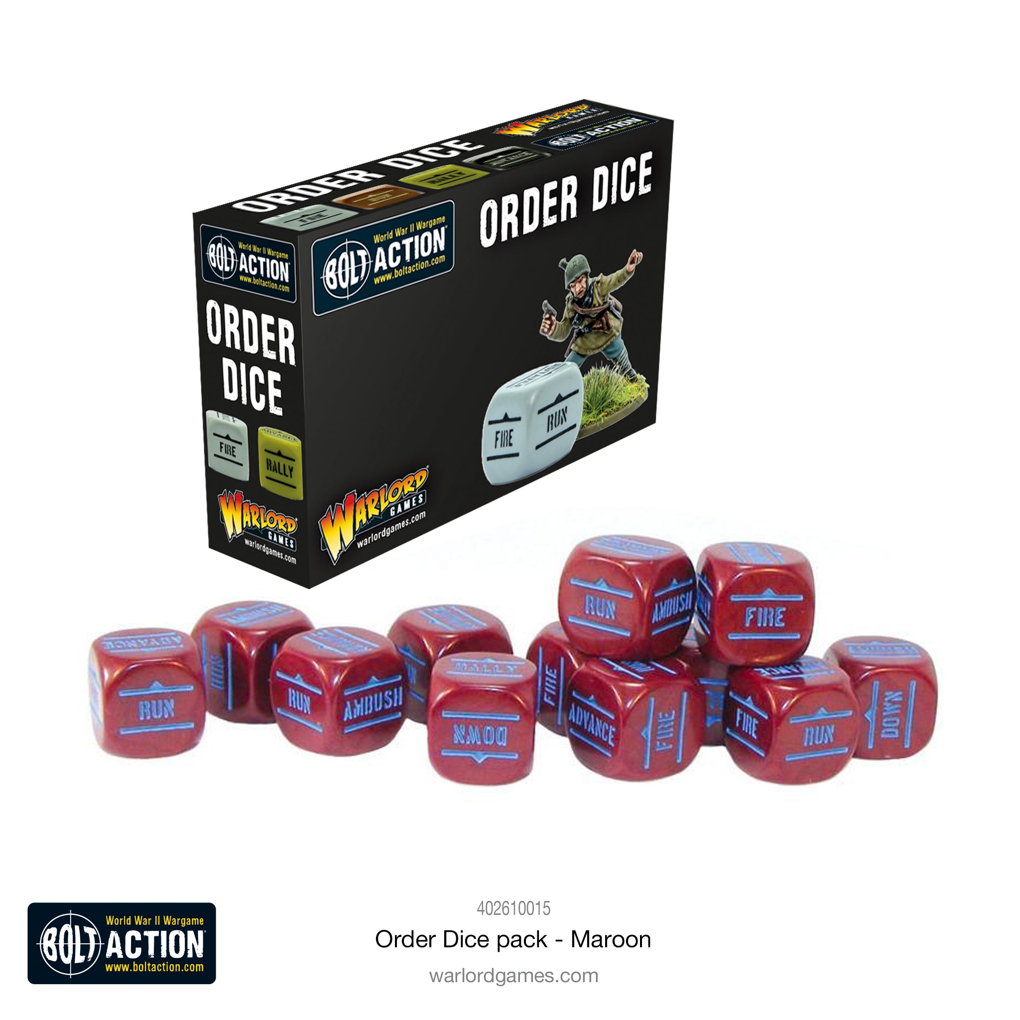 402610015-Bolt-Action-Order-Dice-pack-_-Maroon1.jpg Dados de órdenes granates, 12 unidades – Bolt Action - Imagen 1